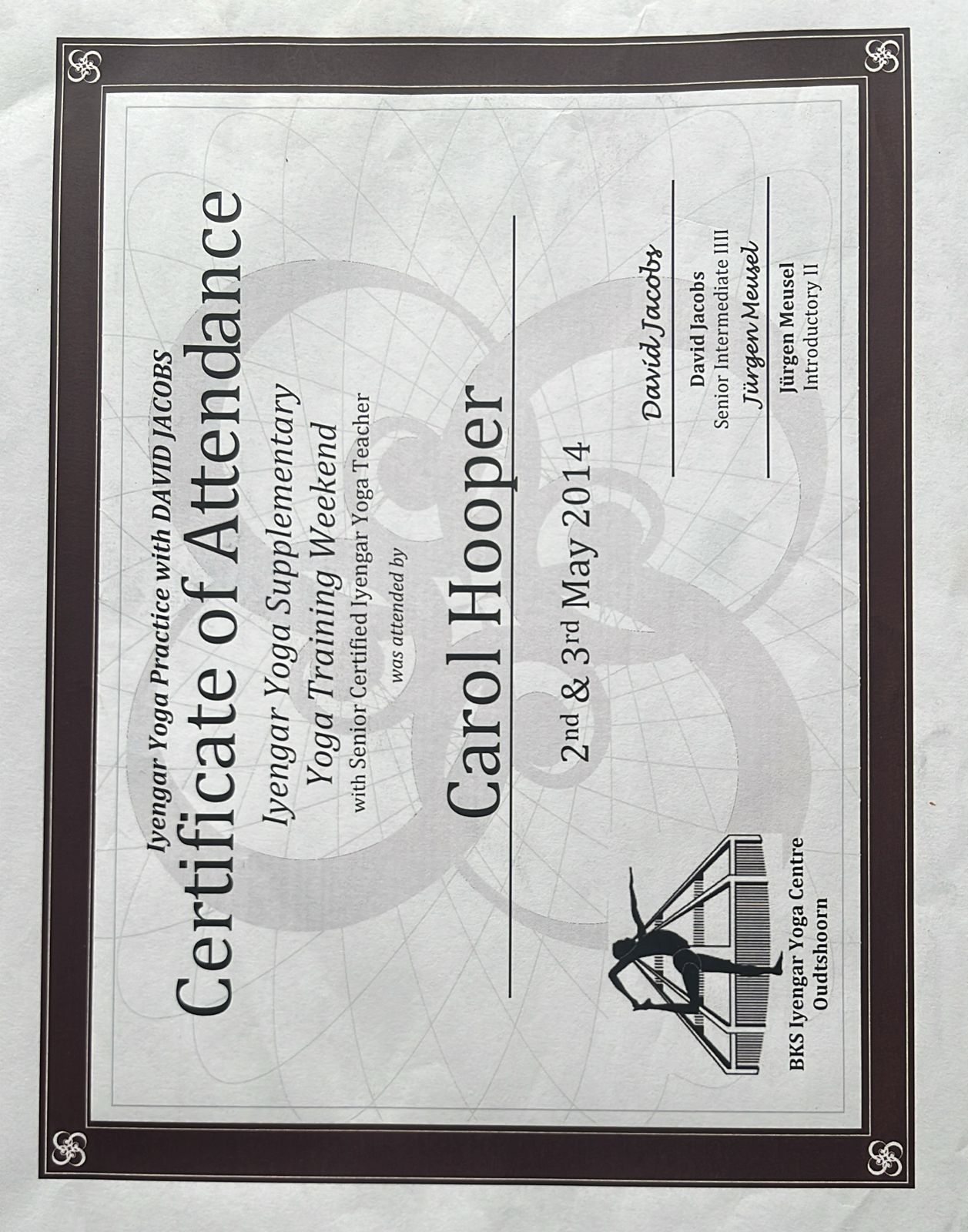 Iyengar Yoga Training certificate